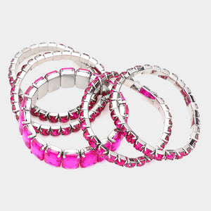 5 Pieces - Fuchsia Stone Stretch Multi Layered Pageant Bracelets | Prom Jewelry |  564244