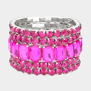 5 Pieces - Fuchsia Stone Stretch Multi Layered Pageant Bracelets | Prom Jewelry