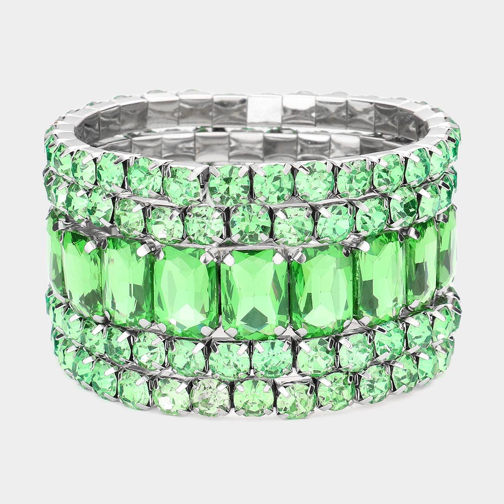 5 Pieces - Green, Silver Stone Stretch Multi Layered Pageant Bracelets | Prom Jewelry
