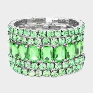 5 Pieces - Green, Silver Stone Stretch Multi Layered Pageant Bracelets | Prom Jewelry