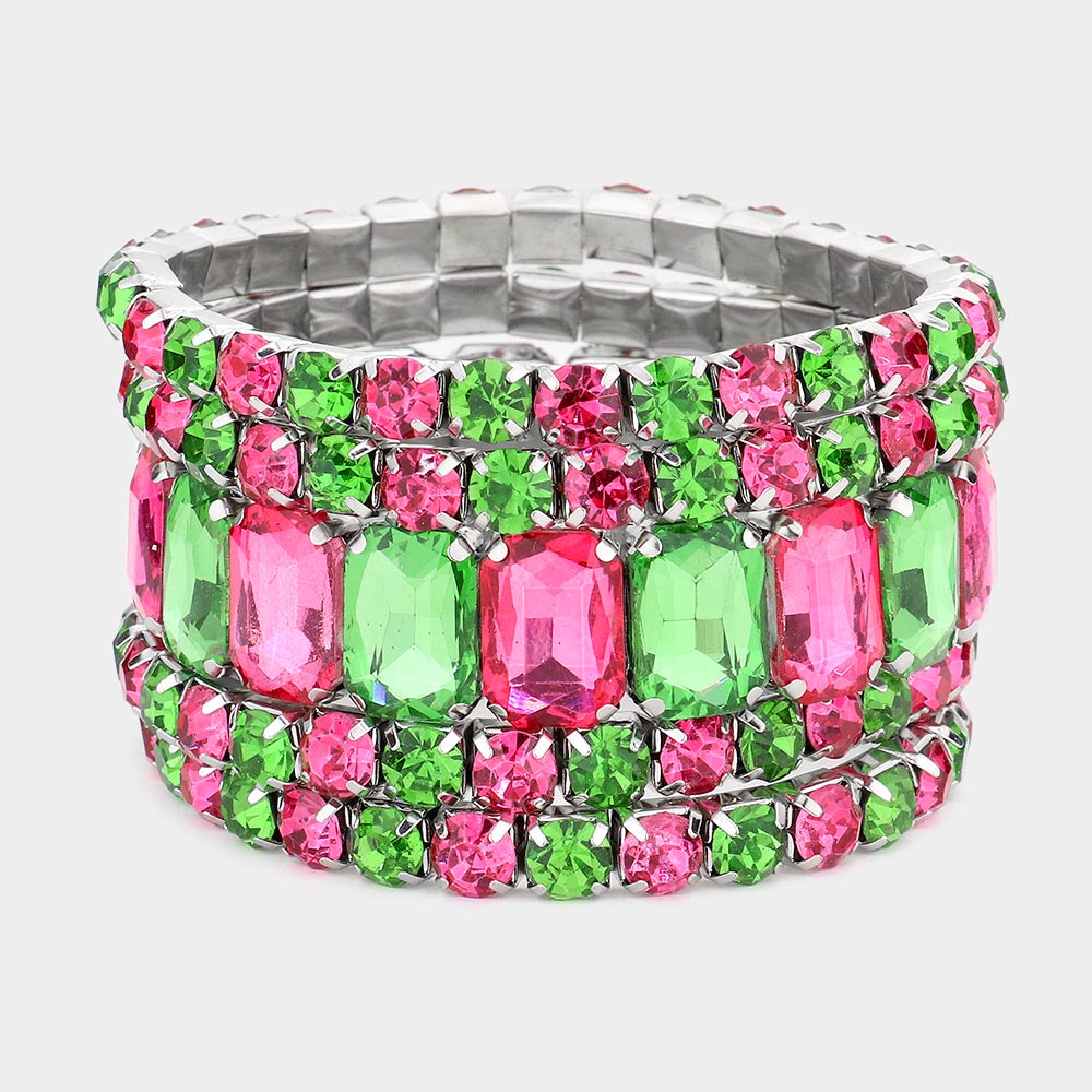 5 Pieces - Pink & Green Stone Stretch Multi Layered Pageant Bracelets | Prom Jewelry