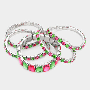 5 Pieces - Pink and Green Stone Stretch Multi Layered Pageant Bracelets | Prom Jewelry |  567938