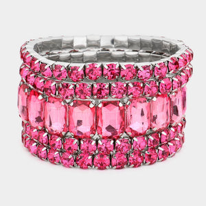 5 Pieces - Pink Stone Stretch Multi Layered Pageant Bracelets | Prom Jewelry