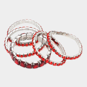 5 Pieces - Red Stone Stretch Multi Layered Pageant Bracelets | Prom Jewelry |  564247