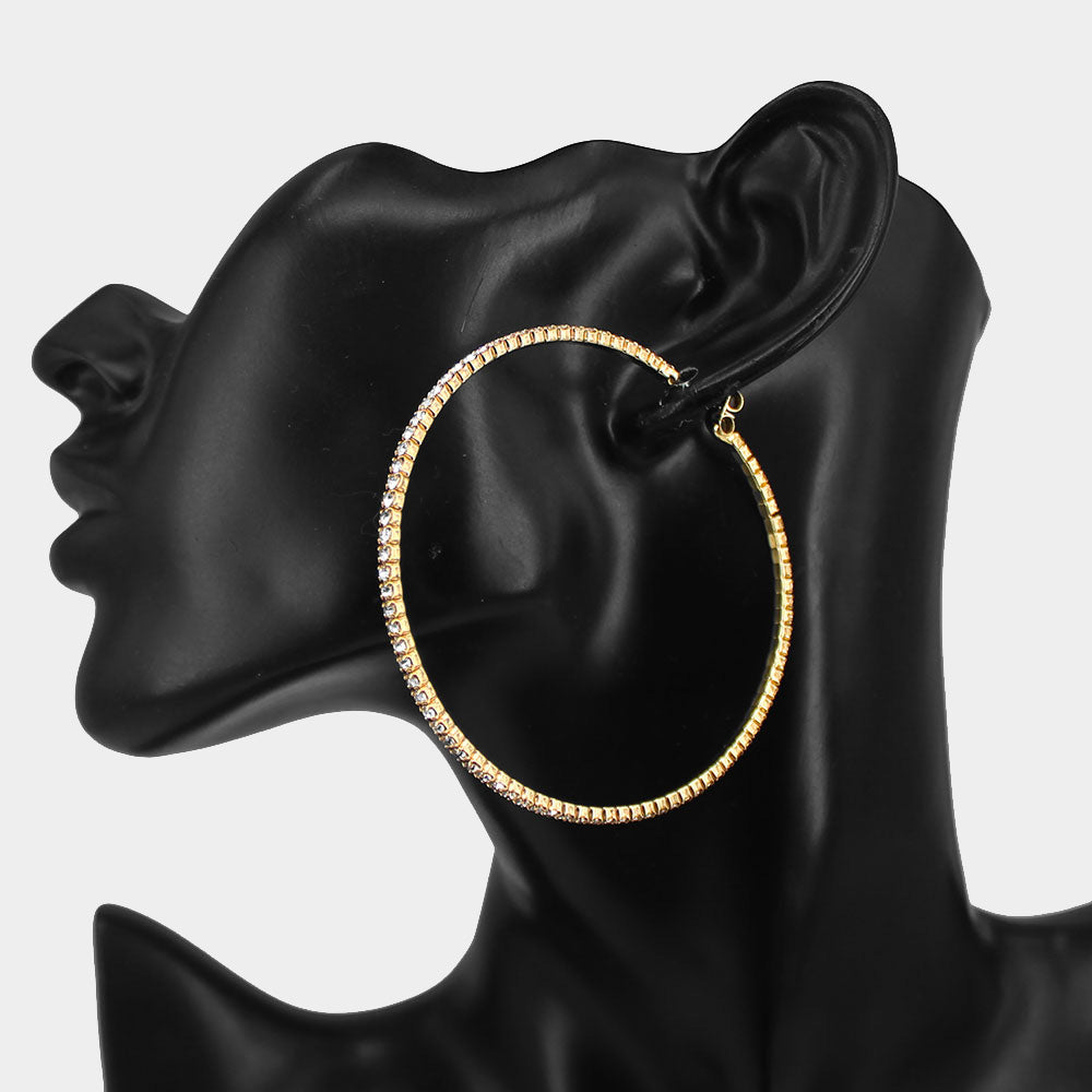 Clear Rhinestone Hoop Earrings on Gold | 2.25"  | 436640