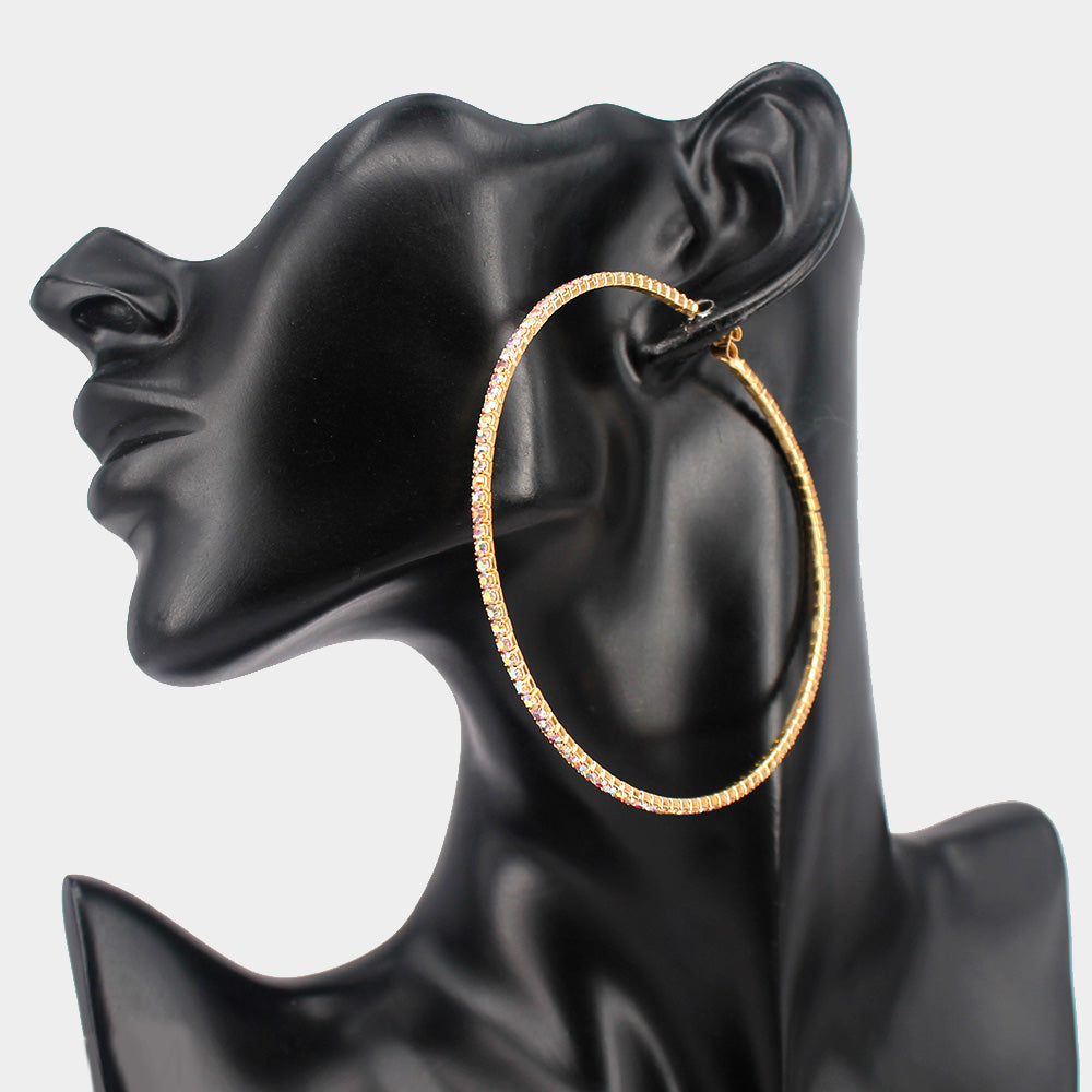 Large AB Rhinestone Hoop Earrings on Gold | 3"