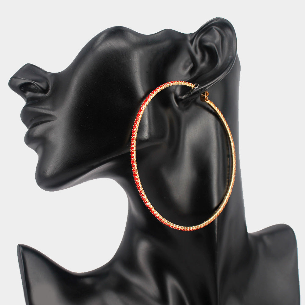 Large Red Rhinestone Hoop Earrings | 3"