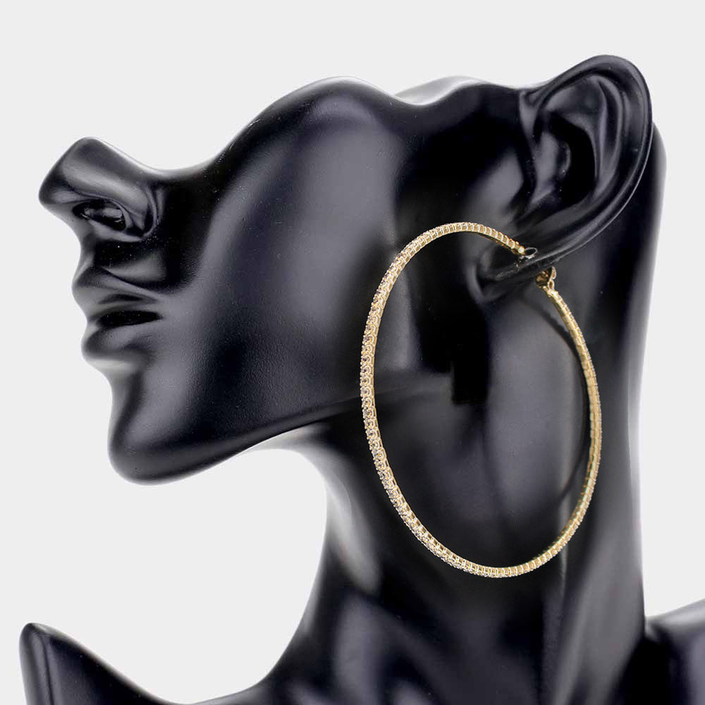 Large Clear Rhinestone Hoop Earrings on Gold   | 3"
