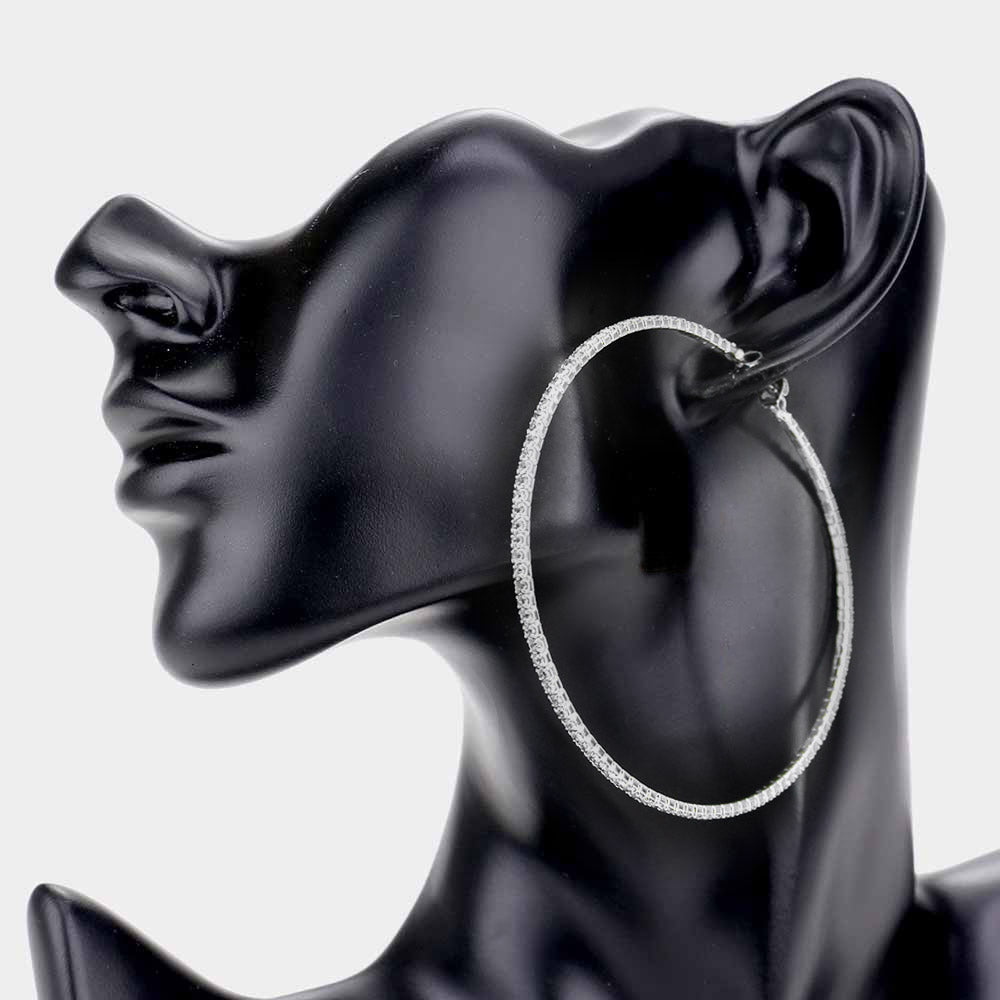 Large Clear Rhinestone Hoop Earrings   | 3"