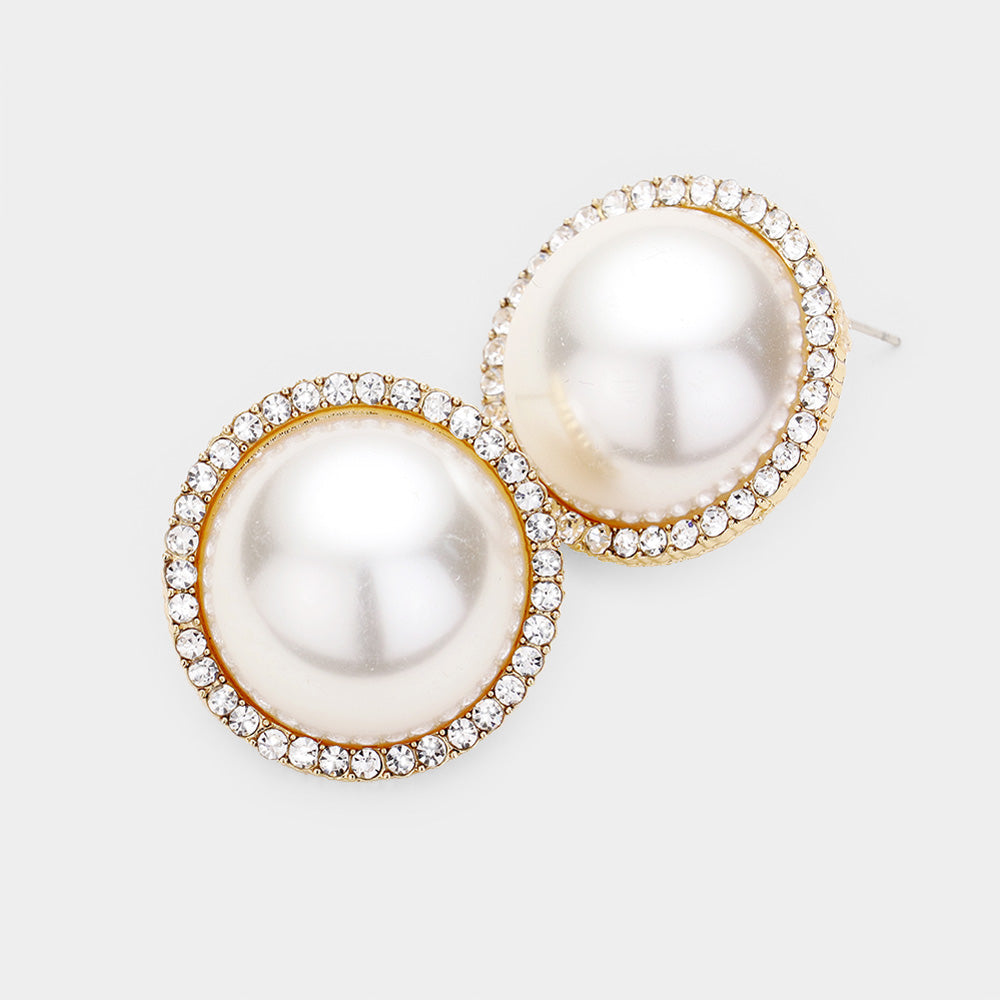 Cream Pearl and Rhinestone Bridal Stud Earrings on Gold | Wedding Jewelry