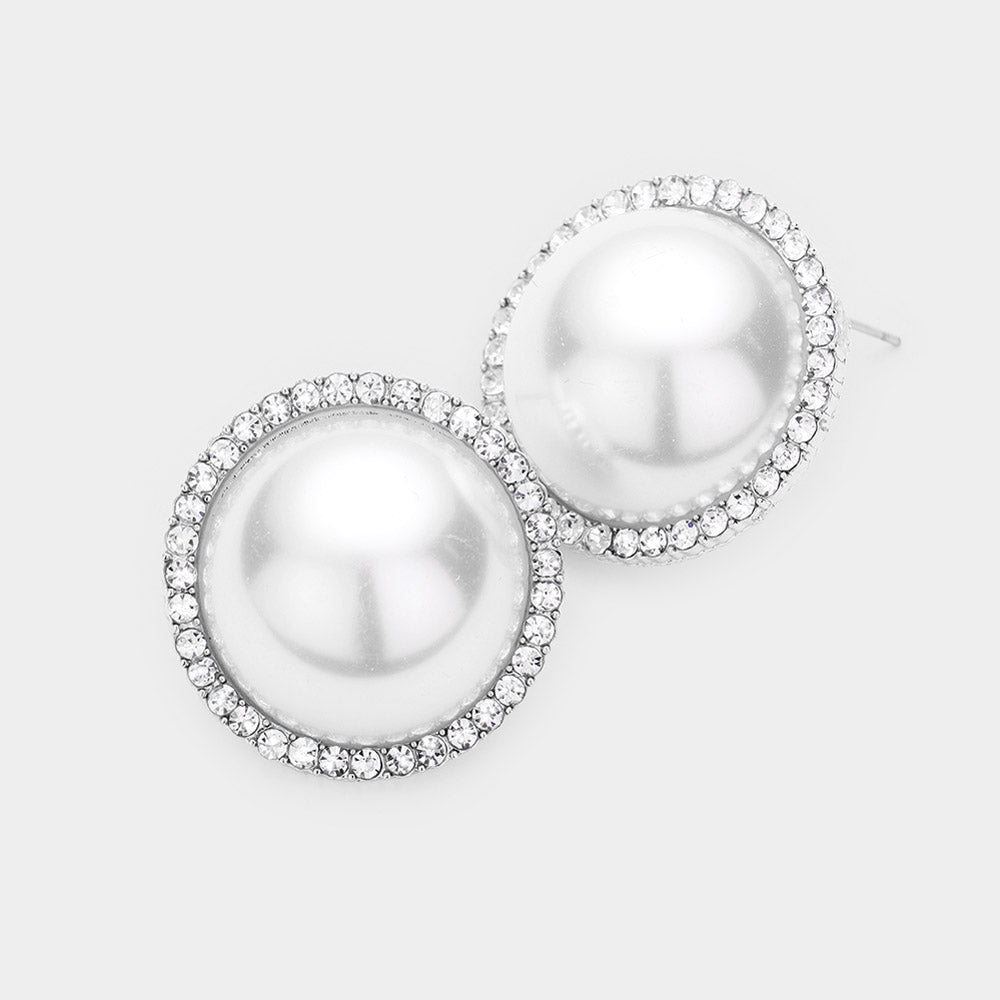 White Pearl and Rhinestone Bridal Stud Earrings | Wedding Jewelry