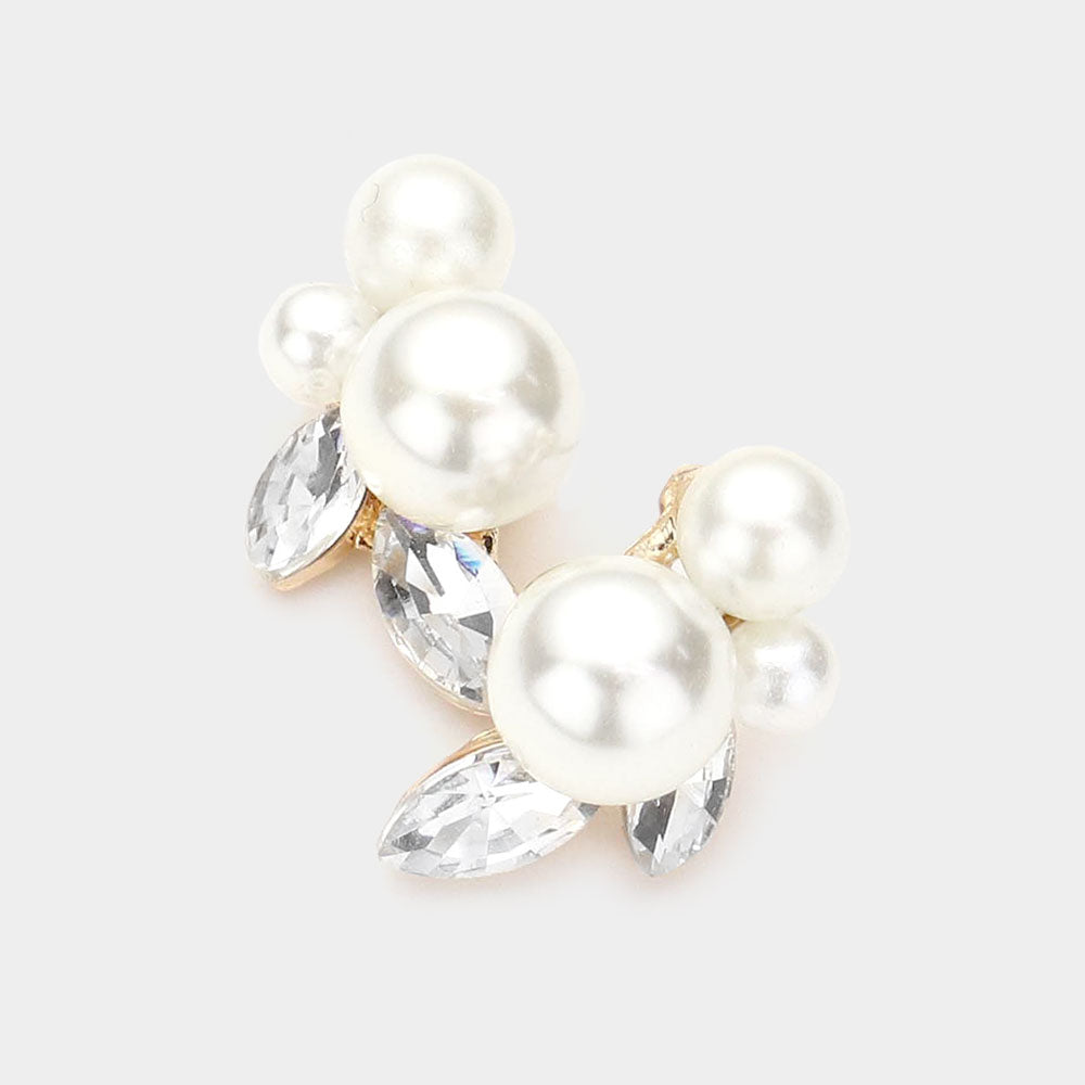 Triple Cream Pearl Accented Bridal Stud Earrings on Gold | Wedding Earrings