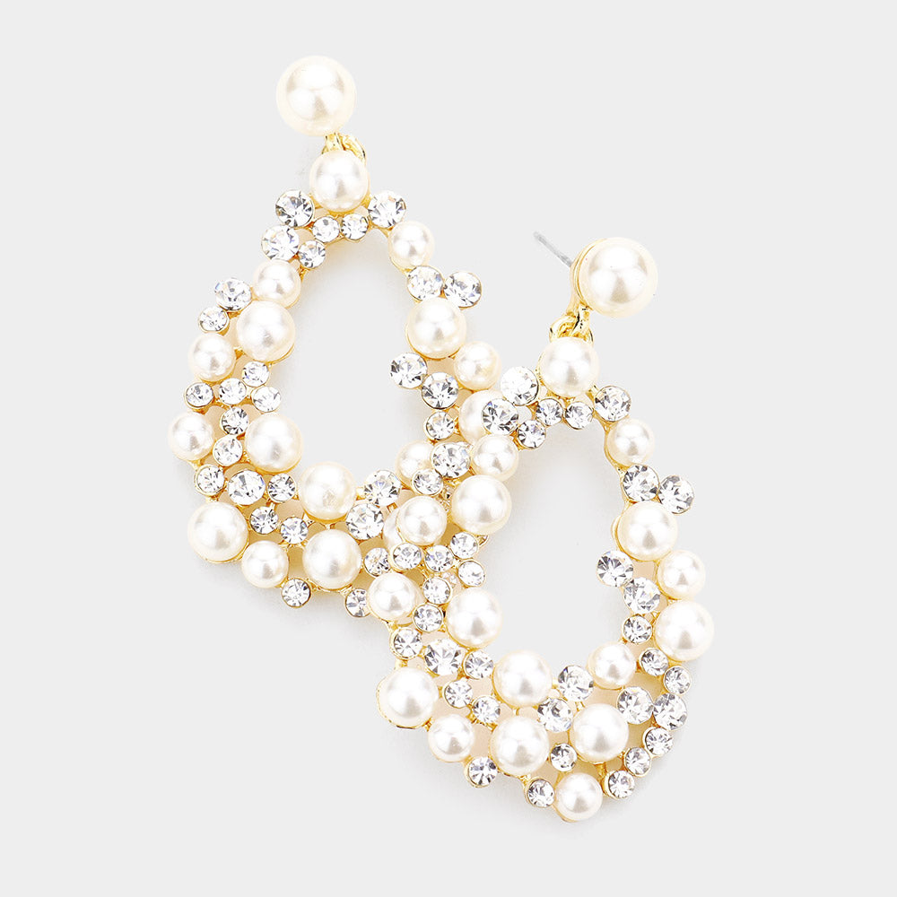 Cream Pearl and Rhinestone Cluster Bridal Earrings on Gold| Wedding Jewelry