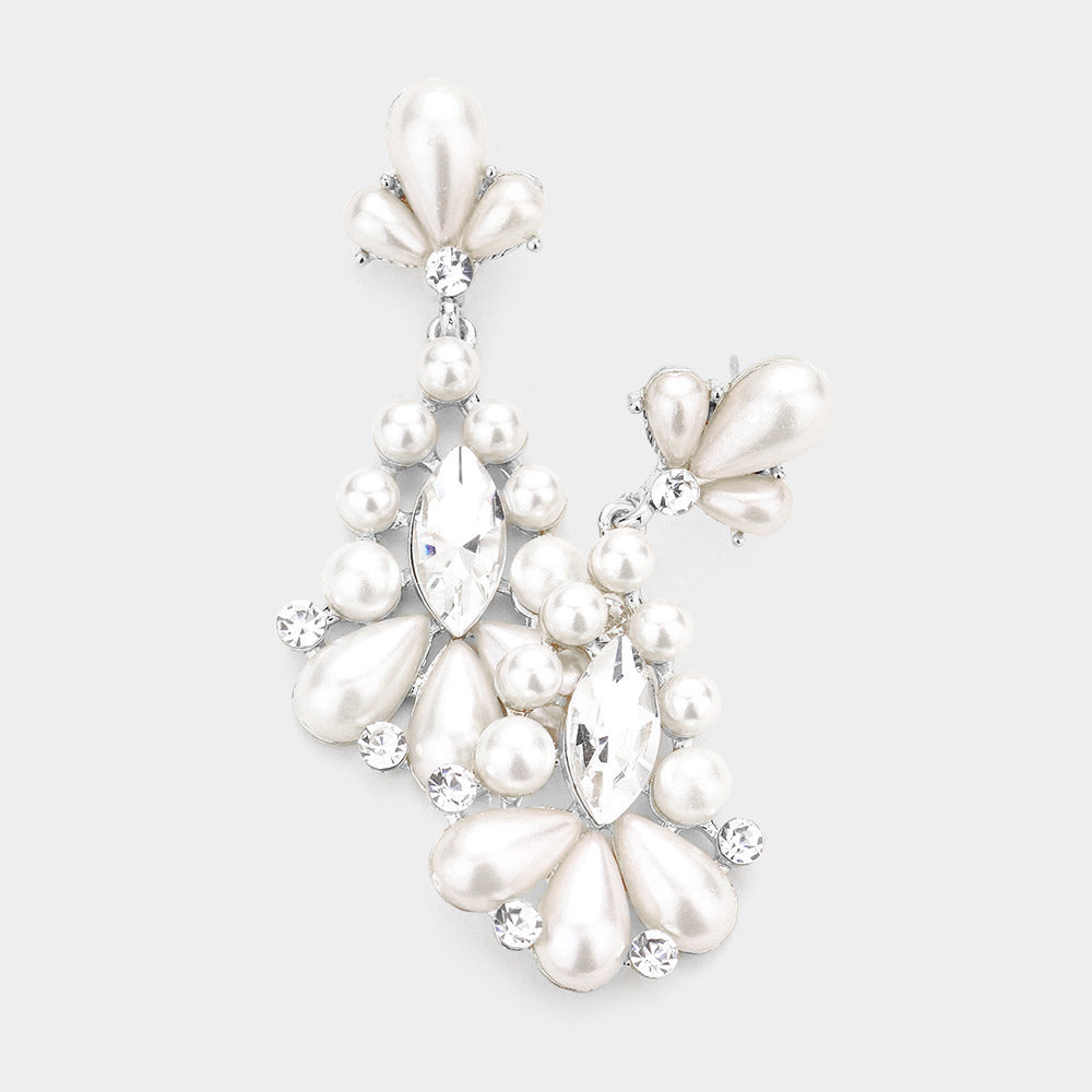 Clear Marquise Stone Center White Pearl Pageant/Bridal Earrings