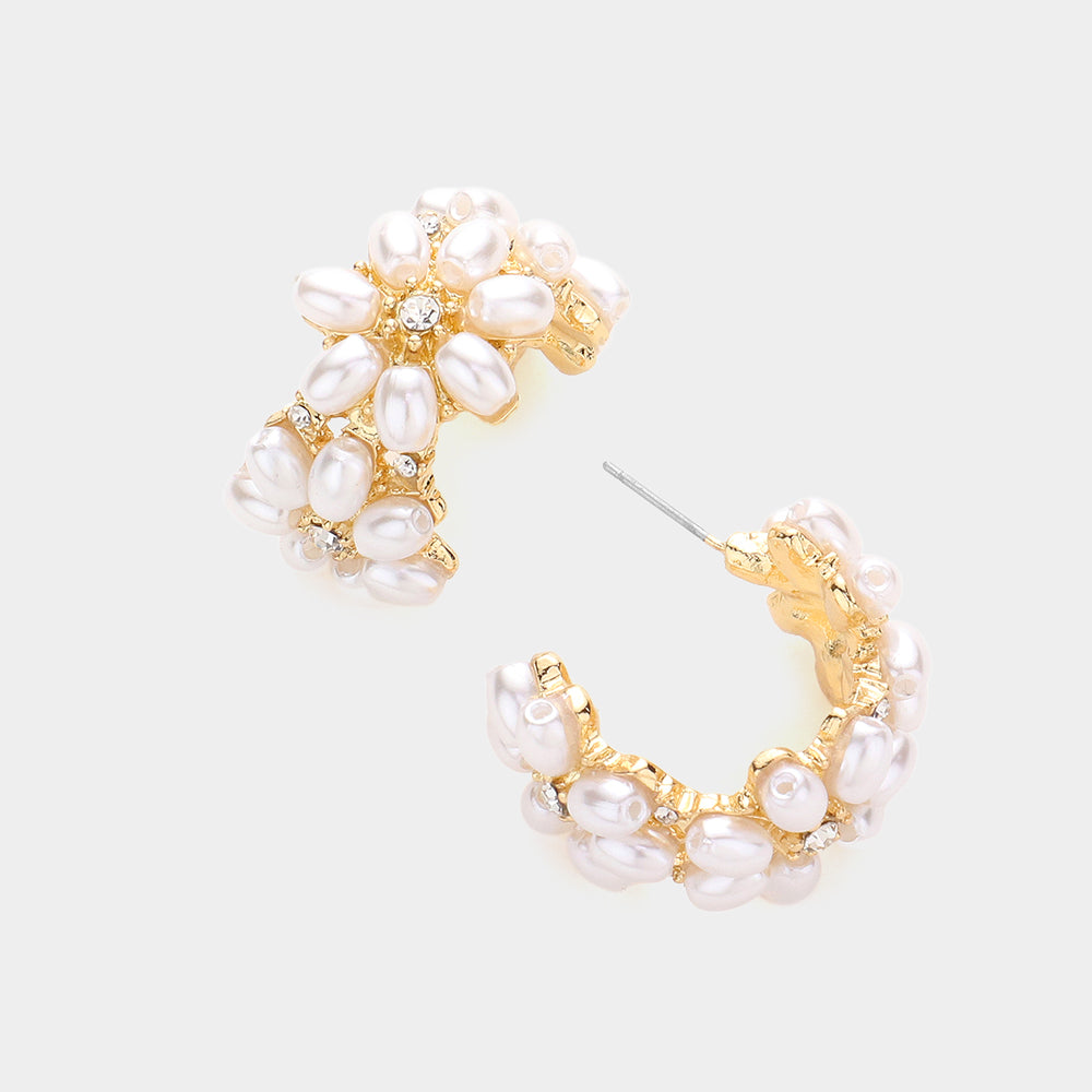 Floral Cream Pearl Embellished Half Hoop Bridal Earrings on Gold | Wedding Earrings