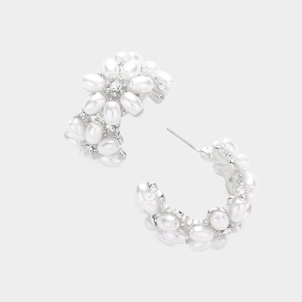 Floral White Pearl Embellished Half Hoop Bridal Earrings | Wedding Earrings