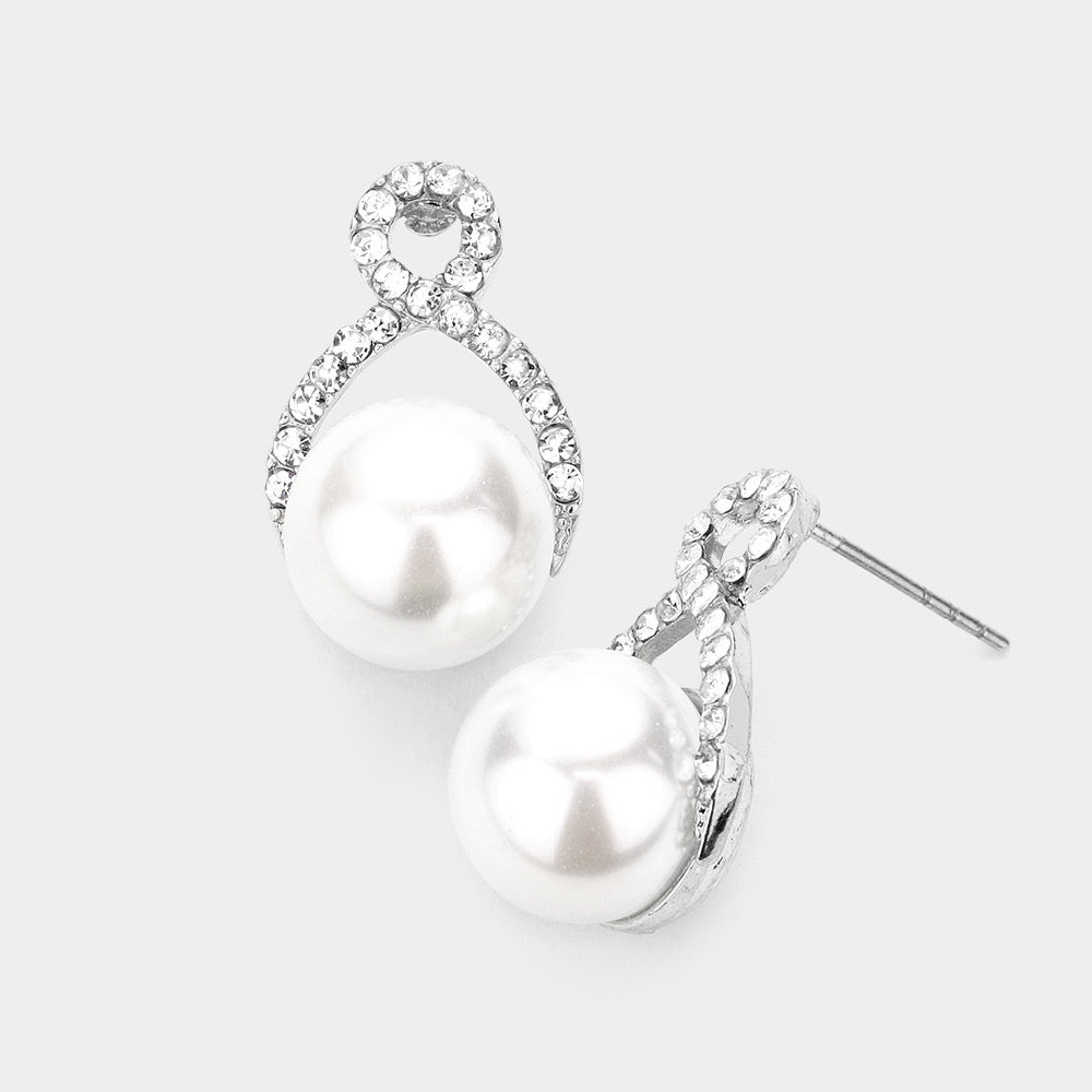 Rhinestone Embellished White Pearl Bridal Earrings | Wedding Jewelry