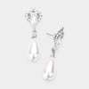 Rhinestone Embellished White Pearl Drop Bridal Earrings | Wedding Jewelry