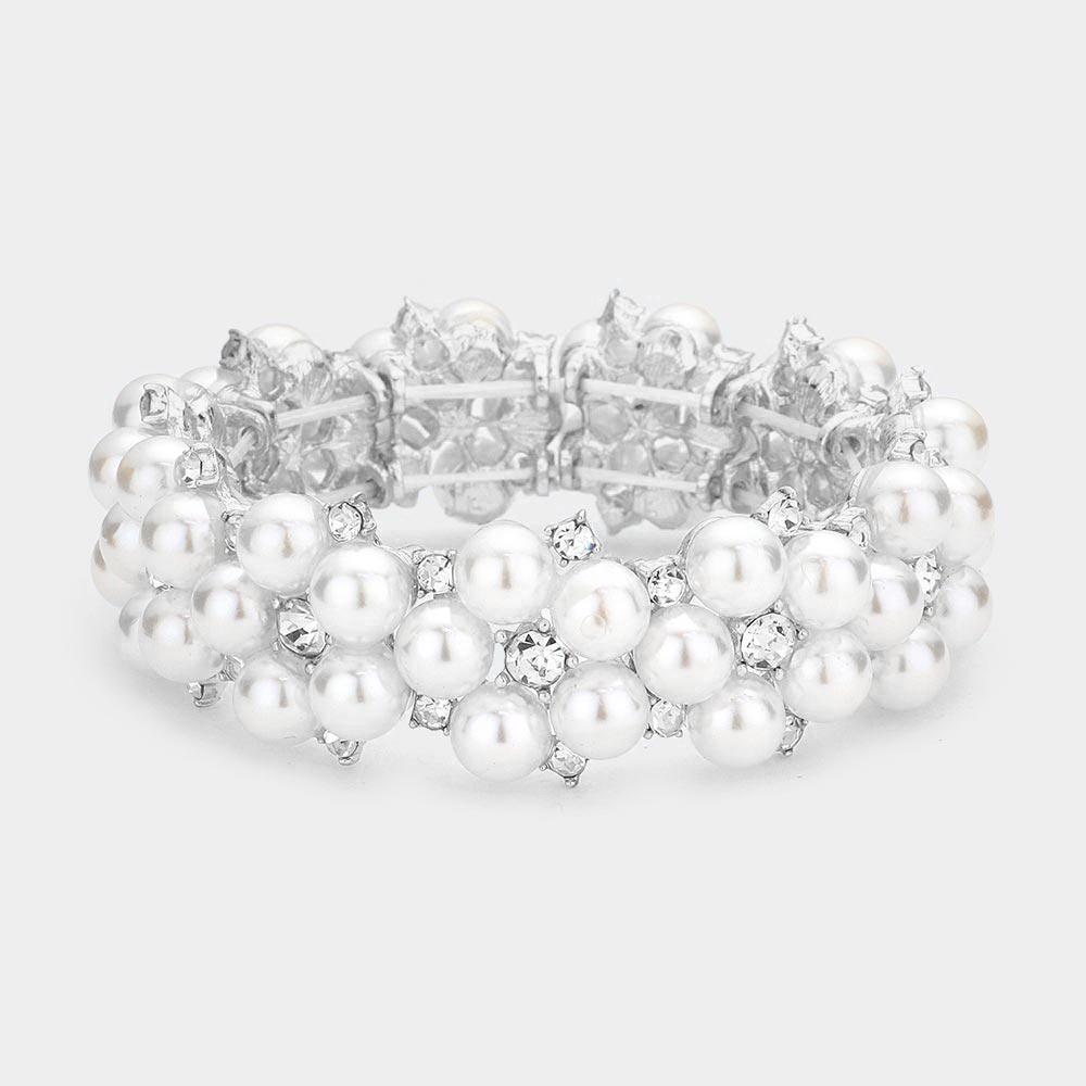 White Pearl and Rhinestone Stretch Bridal Bracelet | Wedding Bracelet