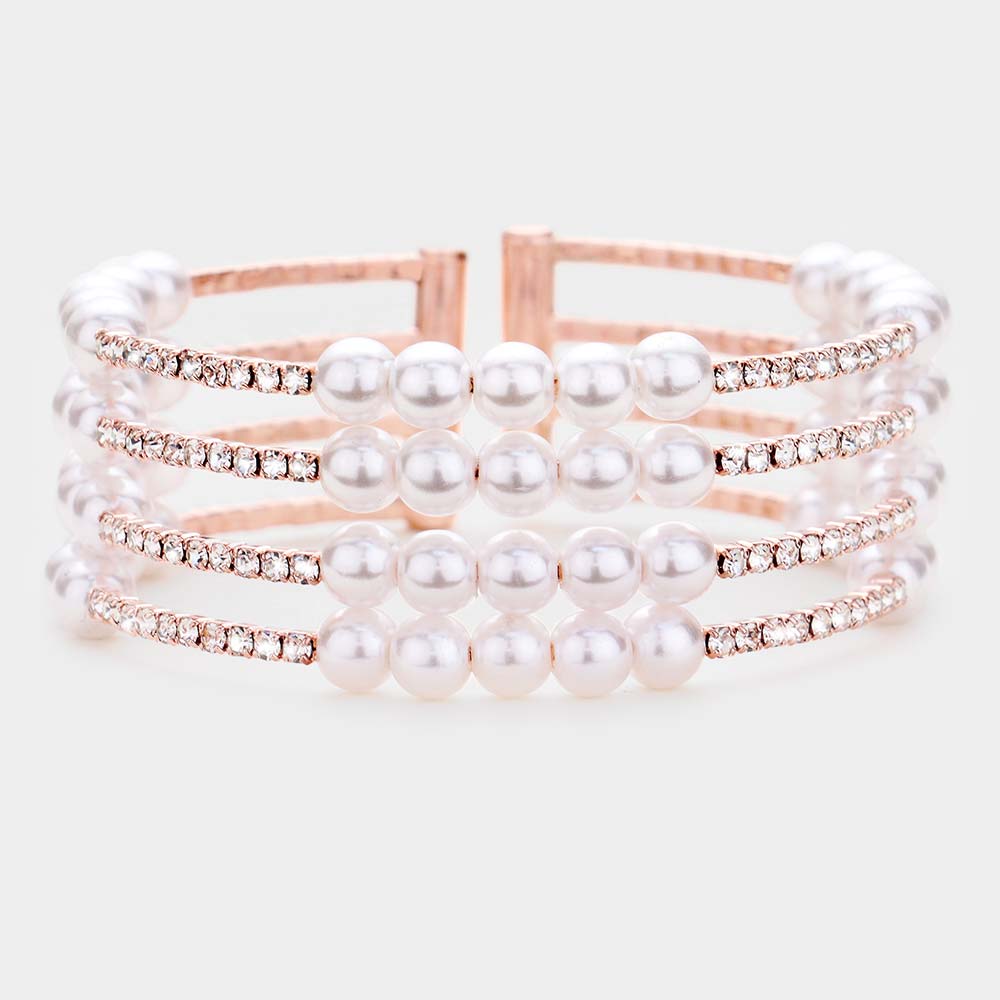 4 Row Bridal Rhinestone and White Pearl Bracelet on Rose Gold | Wedding Bracelet | 477181
