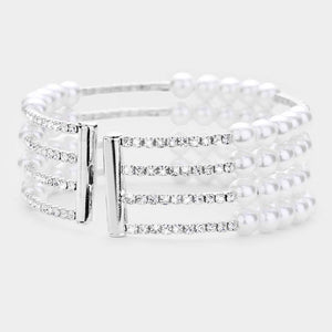 4 Row Bridal Rhinestone and White Pearl Bracelet  | Wedding Bracelet | 477182