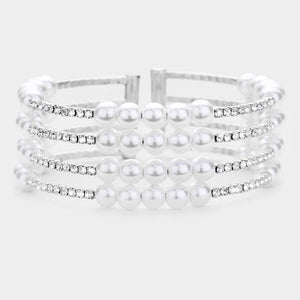 4 Row Bridal Rhinestone and White Pearl Bracelet  | Wedding Bracelet