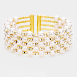 Cream Pearl and Rhinestone Embellished Bridal Cuff Bracelet