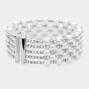 White Pearl and Rhinestone Embellished Bridal Cuff Bracelet | 474481