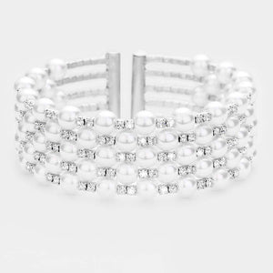 White Pearl and Rhinestone Embellished Bridal Cuff Bracelet