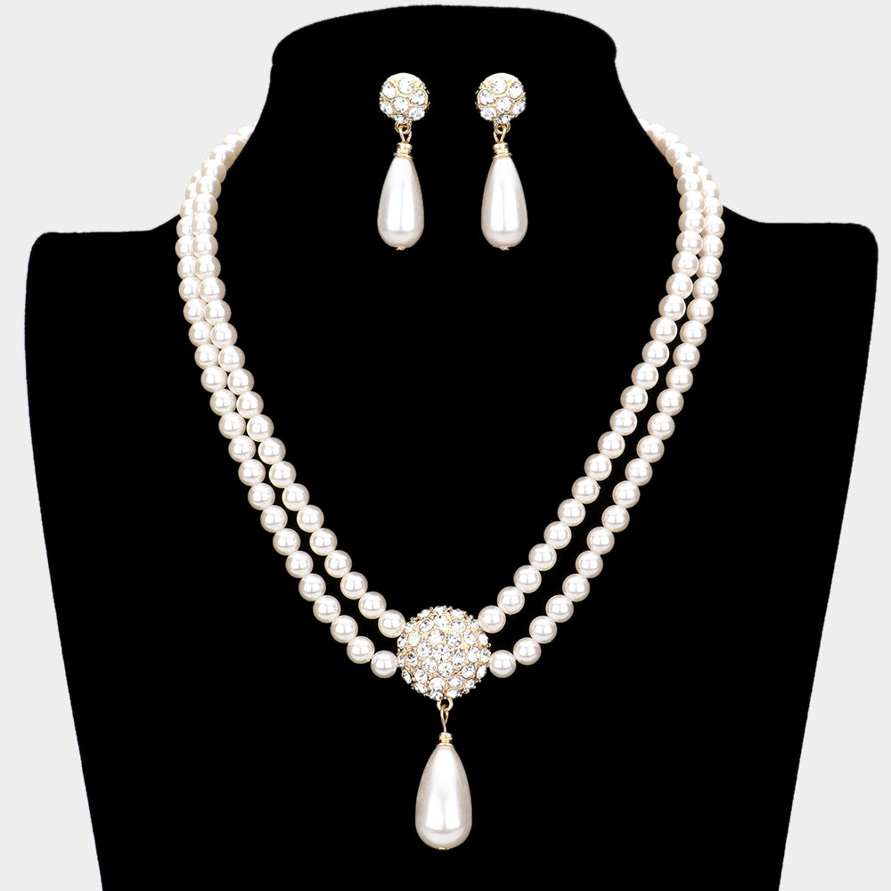 Rhinestone Embellished Dome with Cream Pearl Double Strand Bridal Necklace Set | Wedding Jewelry