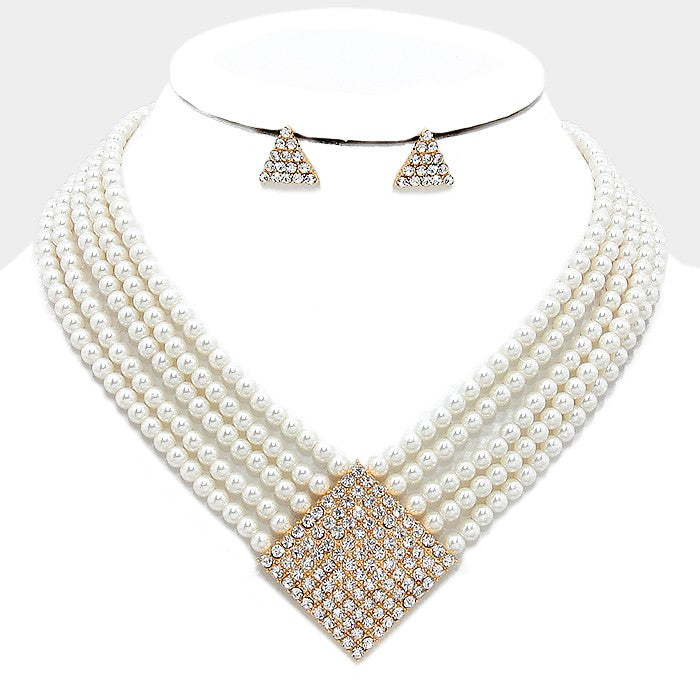 Crystal and Cream Pearl Multi-strand Necklace Set