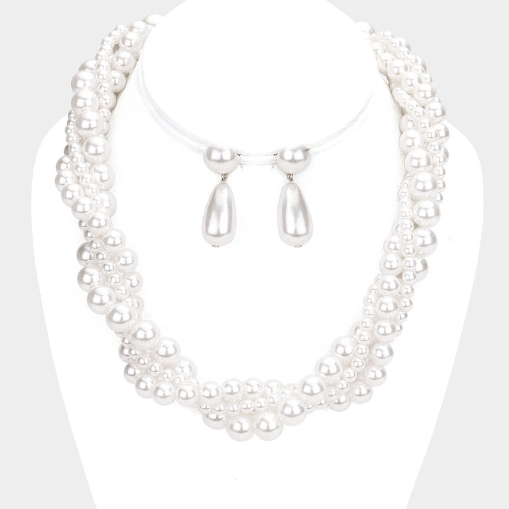 Elegant Embellished White Pearl Bridal Necklace Set