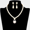 Cream Pearl Centered Rhinestone Trimmed Bridal Necklace Set | Wedding Jewelry