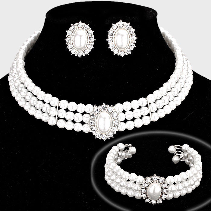 White Pearl Choker Bracelet and Earrings Set | L&M Bling