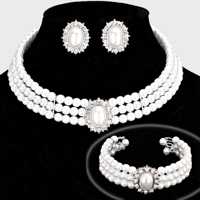 White Pearl Choker Bracelet and Earrings Set