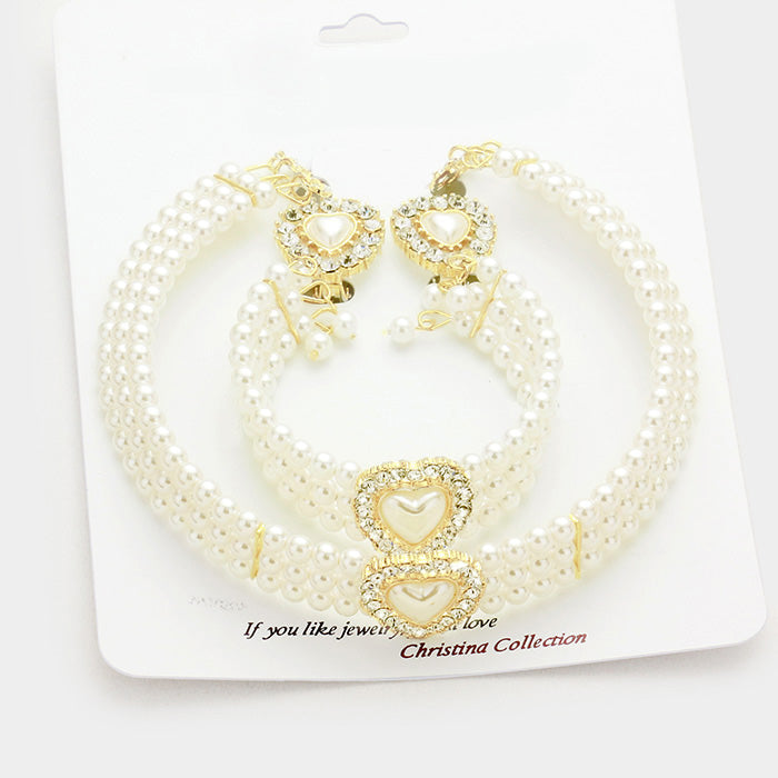 Cream Pearl 3-Row Choker Bridal Necklace Set |Wedding Jewelry