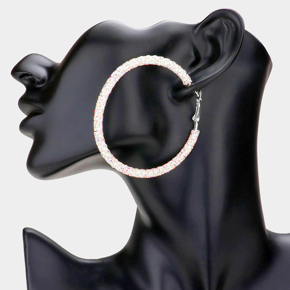 AB on Silver Rhinestone Hoop Earrings | 2.5"