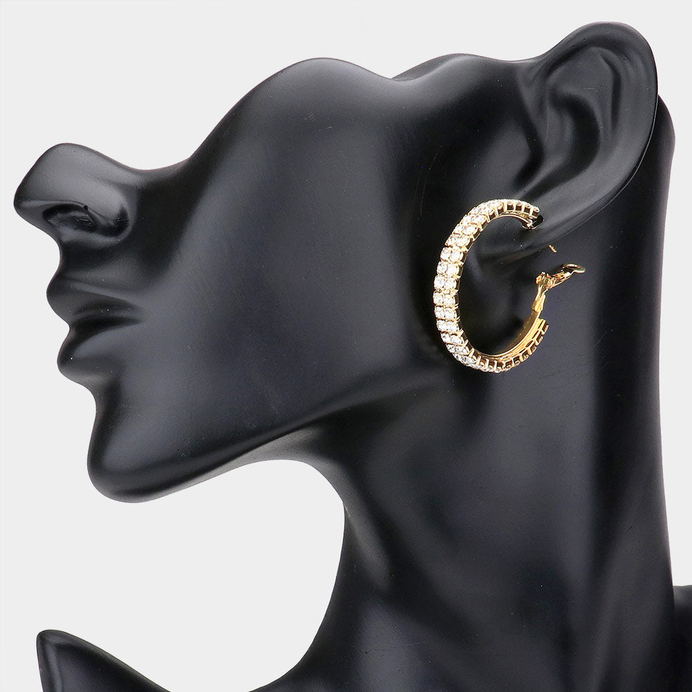 Small Clear Rhinestone Hoop Earrings on Gold | 1.4"