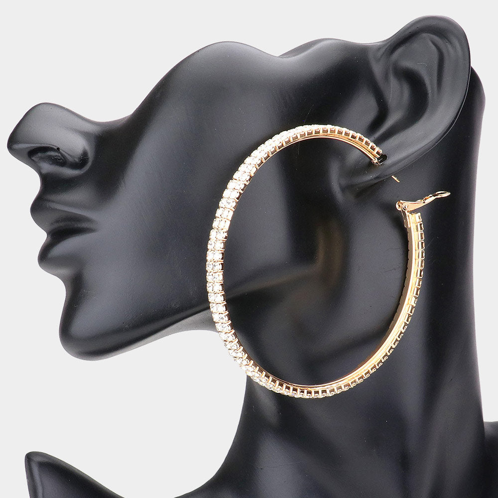 Large Clear Rhinestone Hoop Earrings on Gold | 3"