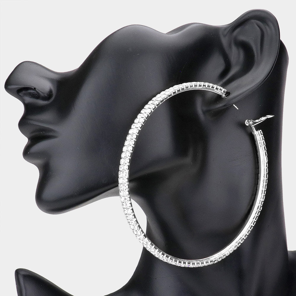 Large Clear Rhinestone Hoop Earrings | 3.5"