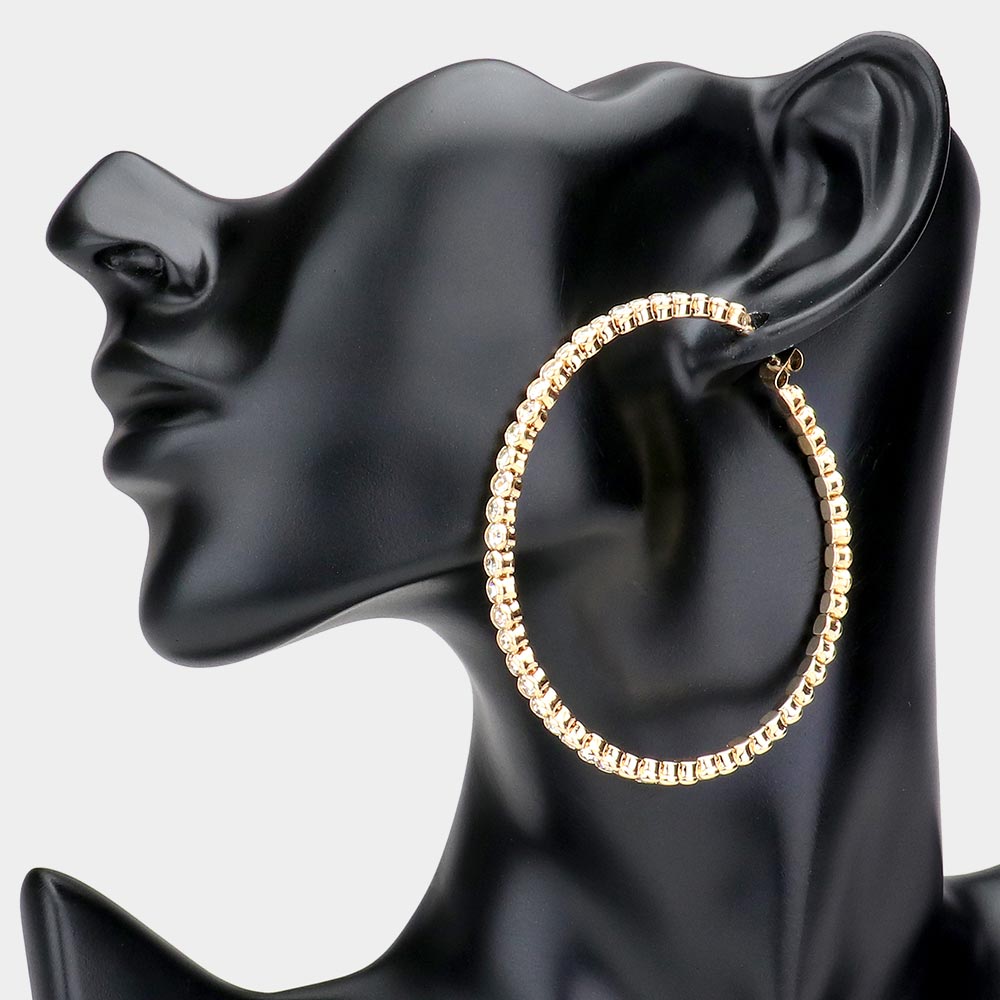 Clear Rhinestone Hoop Earrings on Gold | 2.5"