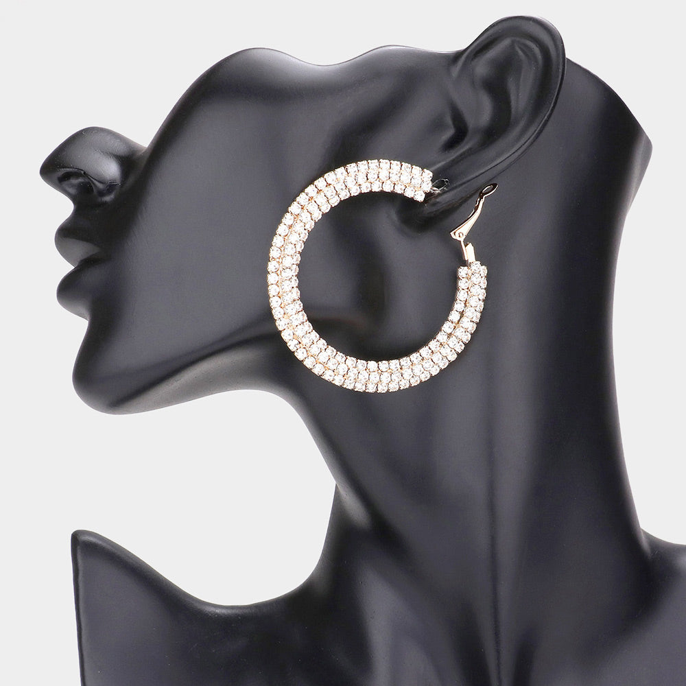 Elegant 3 Row Rhinestone Hoop Earrings on Gold | 2.25" 