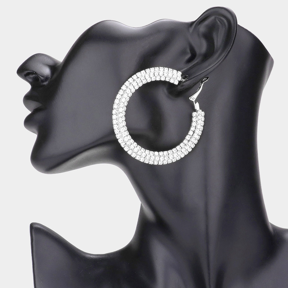 Elegant 3 Row Rhinestone Hoop Earrings  | 2.25" 