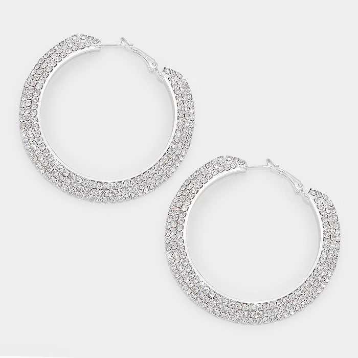 Three Row Clear Crystal Rhinestone Hoop Earrings on Silver