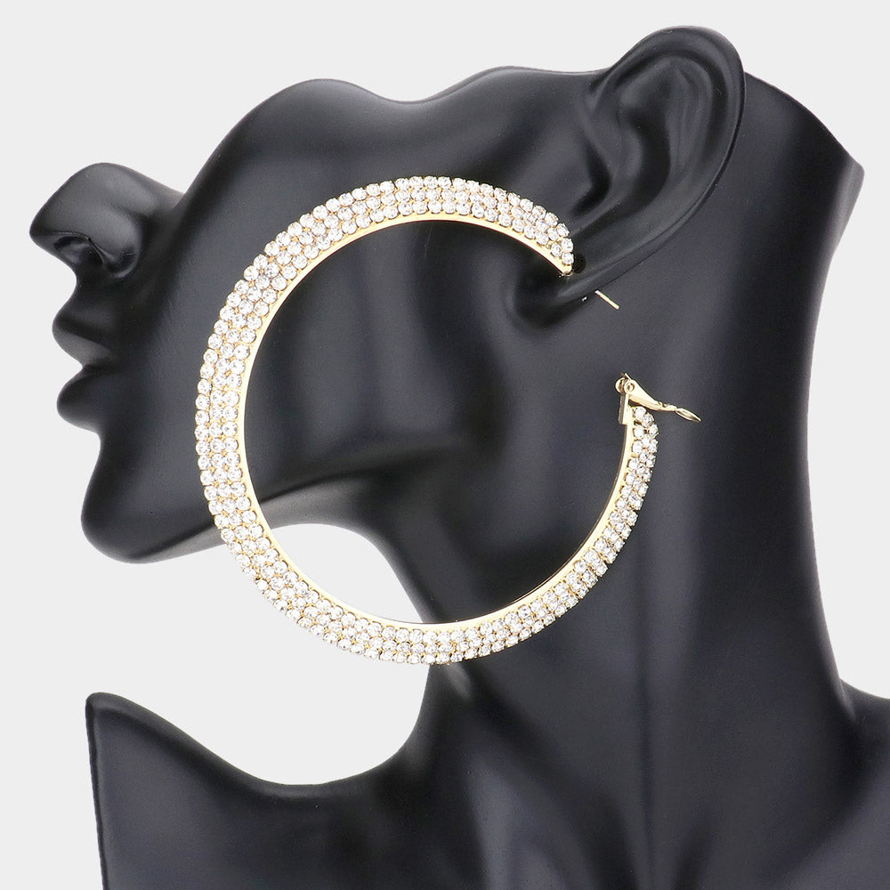 Three Row Crystal Rhinestone Hoops on Gold | 3.25"