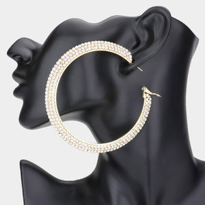 Three Row Crystal Rhinestone Hoops on Gold | 3.25"