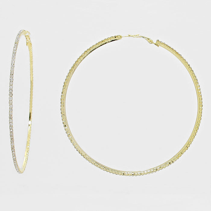 Rhinestone Hoop Earrings on Gold | 3 3/4"