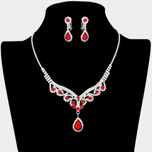 Red Crystal Teardrop Stone Rhinestone Prom Necklace - Clip on Earrings | Prom Jewelry