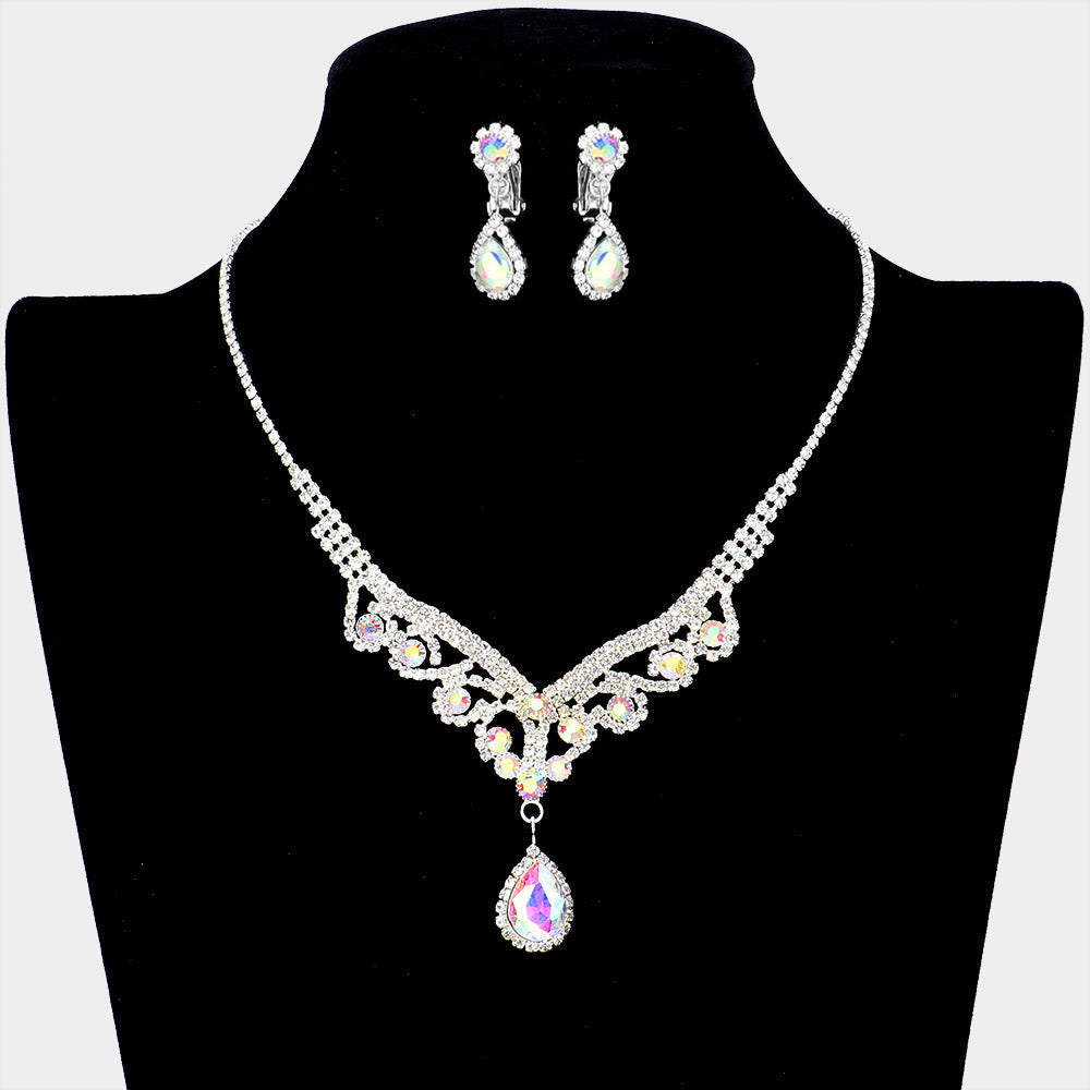 AB Crystal Teardrop Stone Rhinestone Prom Necklace on Silver - Clip on Earrings | Prom Jewelry