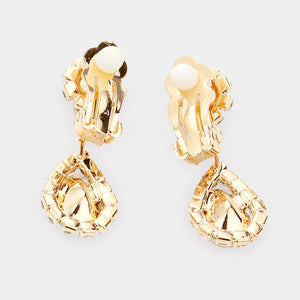 Gold Crystal Teardrop Stone Rhinestone Prom Necklace - Clip on Earrings | Prom Jewelry | 532965